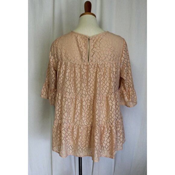 Pleione Tiered Stretch Lace Blouse Ruffle Sleeve Top Blush W/ Nude Lining XS $88 - Picture 2 of 3
